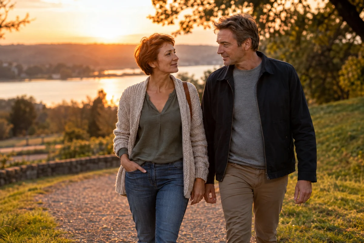 Pareja de tez clara caminando y conversando en un parque al atardecer