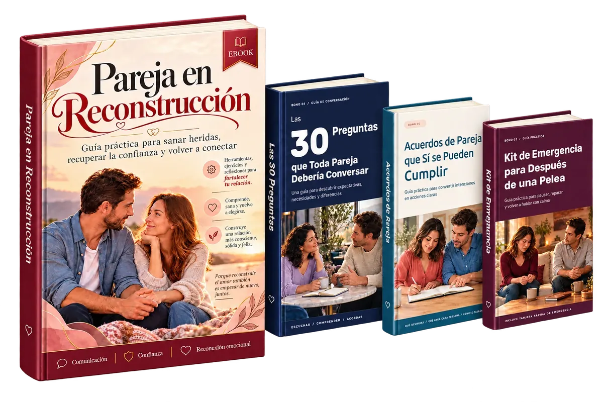 Mockup del eBook Pareja en Reconstrucción en primer plano junto a los tres bonos incluidos